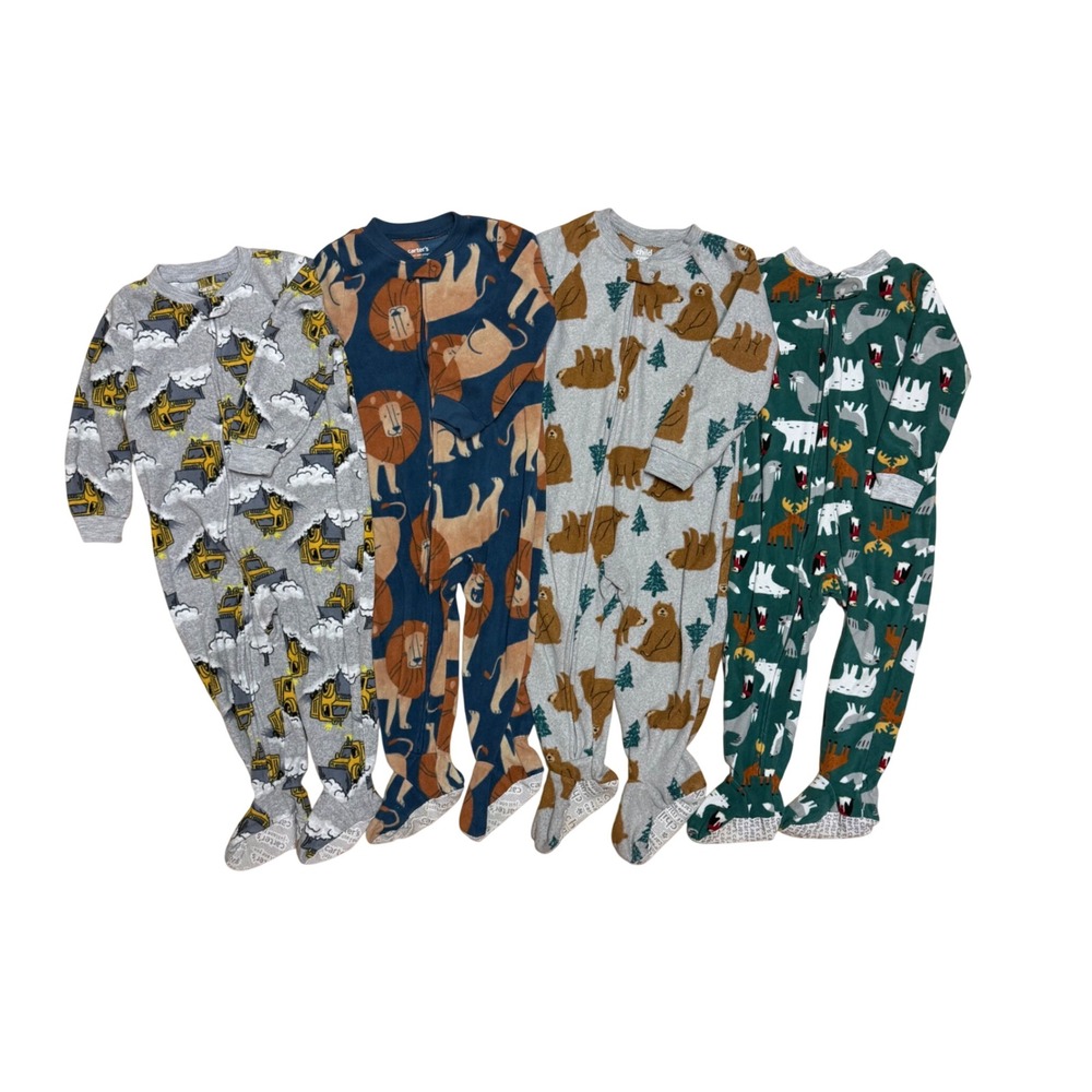 Carter's Toddler 2T Fleece Footie Pajamas Bundle 4 Pack Lions Trucks Animals Zip